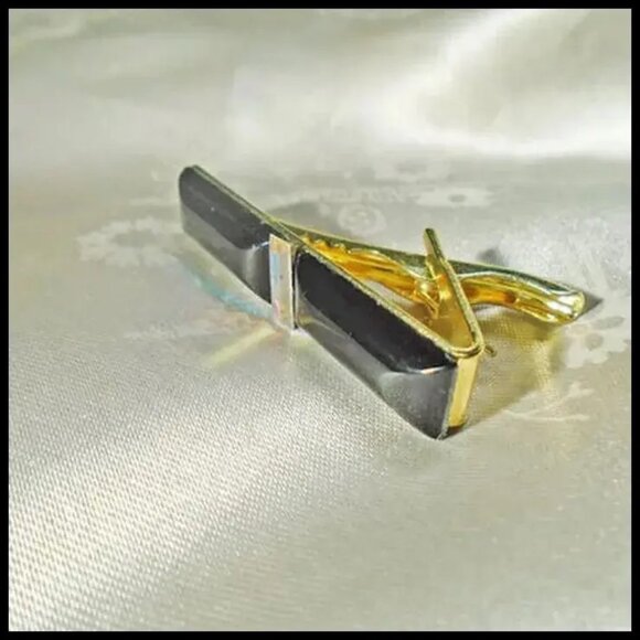 Deco Style Tie Bar, Black Glass Aurora Rhinestone OOAAK Gift for HIm - Picture 3 of 14